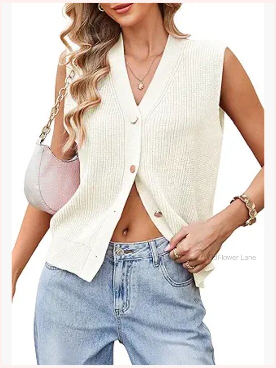 Sweaters - Sleeveless Knit Sweater Vest, Gold Button Cardigan, Summer Layering Top
